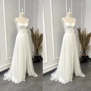 Chiffon Wedding Dresses Front Slit Sleeveless A Line Ruched Bridal Gowns - Picture 1 of 7