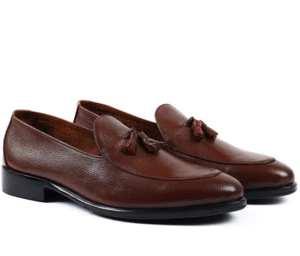 Men’s Handmade Brown Leather Premium Tassel Loafers – Formal Slip-On Dress Shoes - Picture 1 of 6