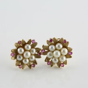 14K Yellow Gold Pearl Cluster and Ruby Clip On Earrings - Picture 1 of 4
