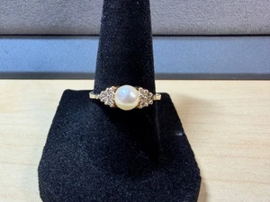 Vintage 14k Yellow Gold Akoya Saltwater Pearl w/ Diamond Accents Ring Size 6.25 - Picture 1 of 19