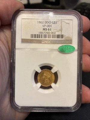1862 DDO Double Die Gold Dollar G$1 FS-101 MS61 CAC - Image 1 of 3
