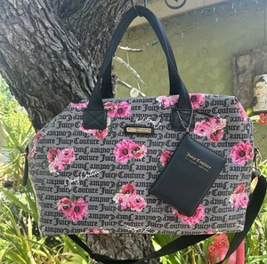 Juicy Couture 2pc Pink Bloom Black Travel Duffel with Wallet - Picture 1 of 14