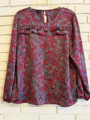 Talbots Red Paisley Print Long Sleeved Silky Feel Top Size XL Ruffle Chest - Image 1 of 4