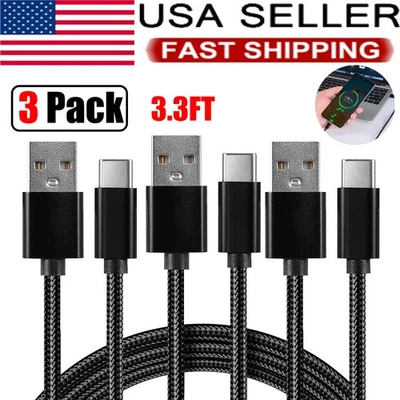 3 Pack Braided USB C Type-C Fast Charging Data SYNC Charger Cable Cord 3FT Black - Image 1 of 4