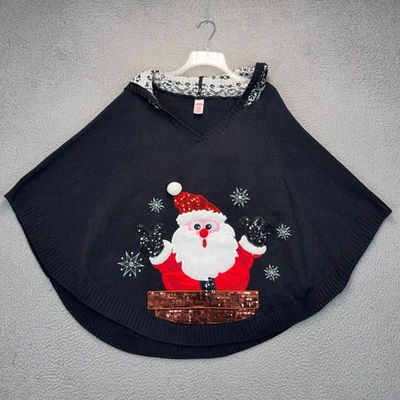 Poncho Holiday Time Santa para mujer XL negro rojo lentejuelas con capucha suéter de Navidad Foto 1 de 4