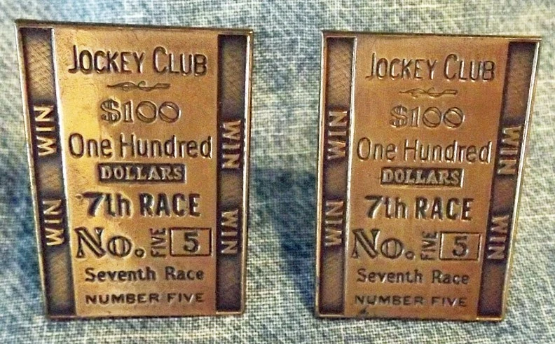 Par de gemelos tono bronce representan $100 GANAR carreras de caballos boleto pari-mutuel Foto 1 de 2