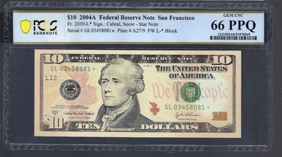 AC $10 2004A  San Francisco FRN Star PCGS 66 PPQ gem FW GL-* Fr 2039-L* - Image 1 of 2