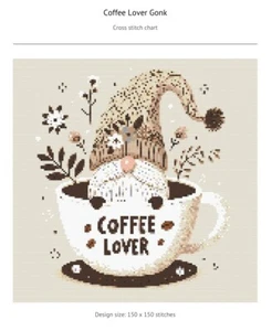Printed Coffee Lover Gonk cross stitch pattern with colour DMC chart - Picture 1 of 3