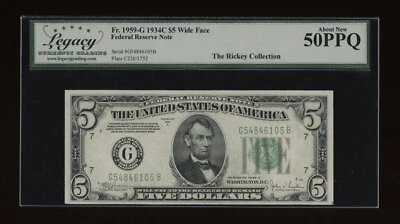DBR 1934-C $5 FRN Chicago Wide Fr. 1959-Gw Legacy AU-50 PPQ Serial G54846105B - Image 1 of 2