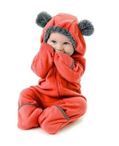 Fleece Baby Bunting Bodysuit – Infant One Piece Kids Hooded Newborn Bear - Red - Picture 1 of 7