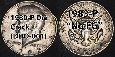 Error Kennedy Half - Lot of 2 - 1980-P Die Crack DDO-001 & 1983-P No FG - Image 1 of 4
