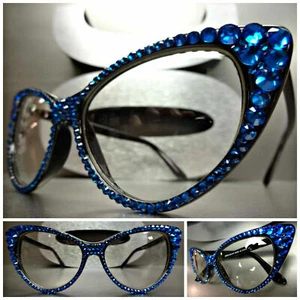 Womens VINTAGE RETRO CAT EYE Style Clear Lens EYE GLASSES Blue Crystals Handmade - Picture 1 of 10