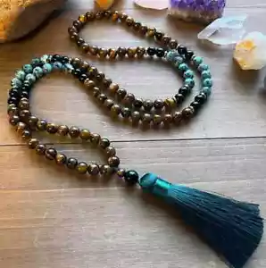 2025HOT Tiger Eye African Turquoise 108 Mala Beads Tassel Prayer Lucky Necklace - Picture 1 of 12
