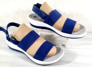 WOMENS Clarks Cloud Steppers Sandals  sz11  Shoes Strappy Stretch  Grey & Blue - Picture 1 of 8