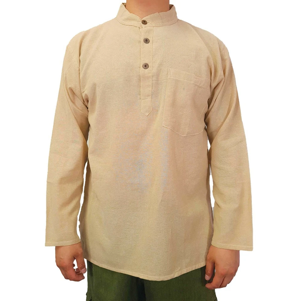 Мужская бежевая рубашка с длинным рукавом Kurta кремовая индийская одежда простая этническая хиппи богемное - Изображение 1 из 1
