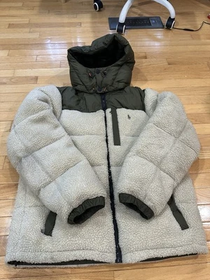 Polo Ralph Lauren Beige/Verde Hi-Pile Sherpa Polar Híbrido Plumón Chaqueta con Capucha L Foto 1 de 4