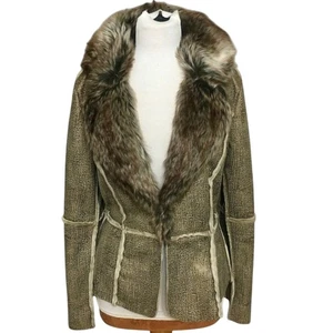 Retro Allen B Womens Y2K Penny Lane Fur Trim Coat Sz M Patchwork Seam Boho Brown - Picture 1 of 10