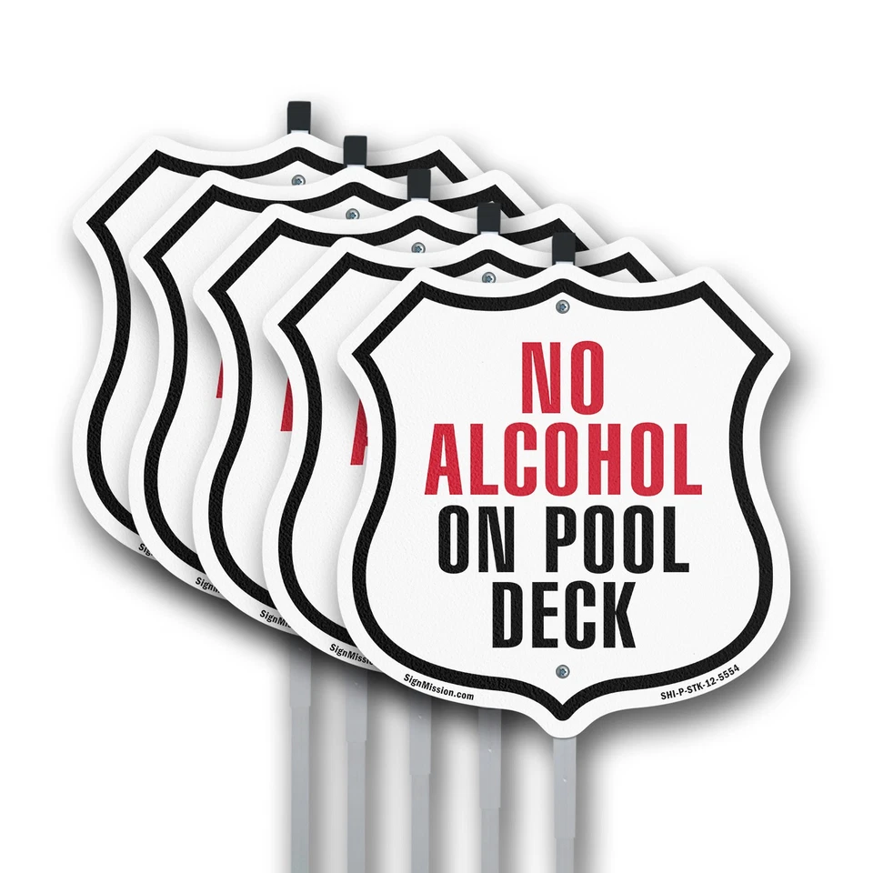No Alcohol On Pool Deck Shield Shaped Sign With Stake Crafted in the USA Foto 1 de 4