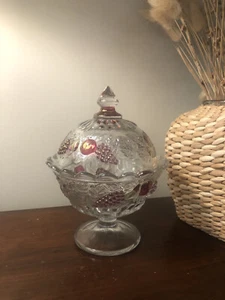 Vintage Della Robbia Westmoreland Flashed Footed Candy Dish W/Lid Fruit Grapes - Picture 1 of 9