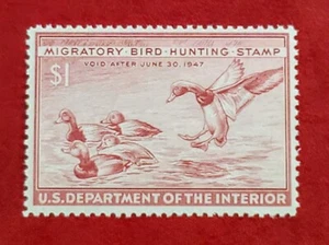 US # RW13 1946 $1.00 FEDERAL DUCK STAMP - REDHEAD DUCKS MINT NH, OG F/VF - Picture 1 of 4