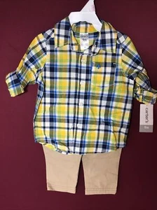 Carters Baby Boy 2-Piece Yellow Blue Plaid Button Down Shirt and Pants 9 M New - Picture 1 of 12