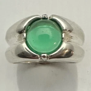 MJG STERLING SILVER MEN'S RING. 4 PRONG.  10MM LAB EMERALD CABOCHON. SIZE 10 1/2 - Picture 1 of 7