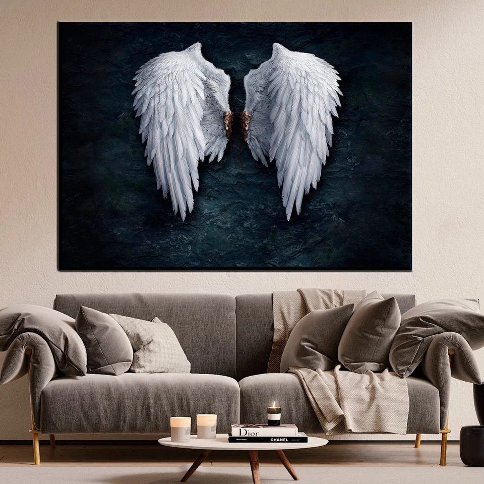 Angel Wings Canvas Wall Art – Modern White Feather Print for Home Decor - Image 1 of 4