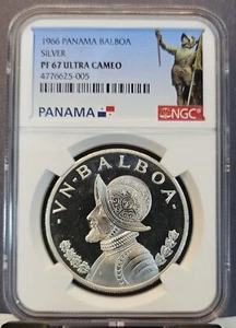 1966 PANAMA SILVER BALBOA VASCO NUNEZ DE BALBOA NGC PF 67 ULTRA CAMEO HIGH GRADE - Picture 1 of 3