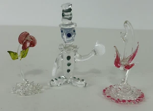 3 Vintage Miniature Hand Blown Art Glass Figurines Clown-Flower-Hanging Bird 💙 - Picture 1 of 8