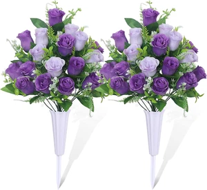 Set of 2 Artificial Grave Flowers with Vase for Cemetery Decoration - Picture 1 of 16
