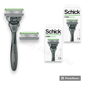 2x Schick Hydro Sensitive 5-Blade Razor 1 Razor Handle + 2 Cartridges - Picture 1 of 9