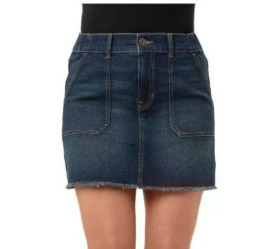 No Boundaries Junior's Denim Pocket Skirt Size Small Dark Wash Raw Hem High Rise