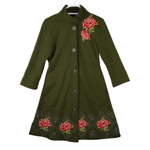 Johnny Was Terry Embroidered Coat Boho Roses Floral Button Front Olive Green S - Picture 1 of 14