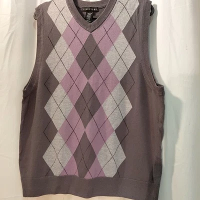 Vintage 90s Structure Knit Pullover Argle Sweater Vest Men’s Gray /Purple  - Image 1 of 4