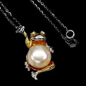 925 Sterling Silver Necklace Round Ruby Pearl Natural Gemstone Frog Jewelry 18in - Picture 1 of 14