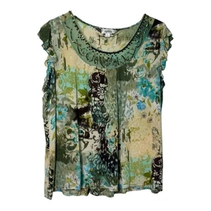 Y2K Woodland Fairy Mermaid Floaty, Abstract Beaded Flutter Sleeve Top XL - Picture 1 of 9