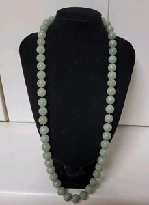 Vintage 60cm 14k 585 Yellow Gold Genuine Celadon Green Jade 10mm Bead Necklace - Picture 1 of 20