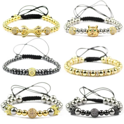 Pulseras de lujo para hombre con circón corona de lobo garra cuentas de cobre Foto 1 de 4