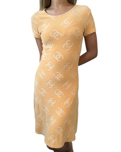 Abito CHANEL Vintage 1996 CC Mark Logo Velluto #38 Pezzo Unico Cotone Arancione