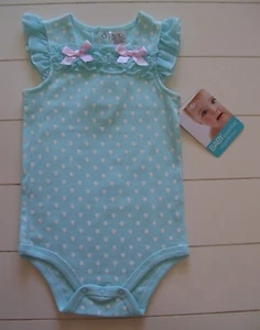 Baby Essentials Aqua Blue White Polka Dot Pink Bow Flutter Sleeve Bodysuit Sz 9M - Picture 1 of 2