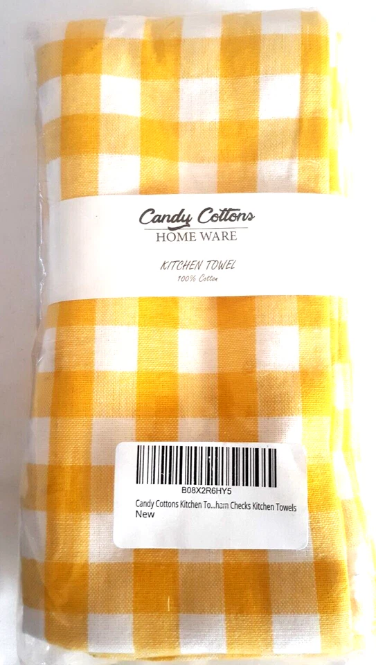 Кухонные полотенца 6 карат из 100% хлопка с конфетами желто-белый клетчатый дизайн - Изображение 1 из 2