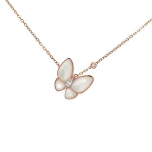 18K RG VAN CLEEF & ARPELS TWO BUTTERFLY NECKLACE W/ DIAMOND & MOP VCARO8FO00 BOX - Picture 1 of 10