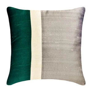 Green & Grey Decorative Throw Pillow Cover, 16"x16" Silk Cushion-Splendour Green - Picture 1 of 4