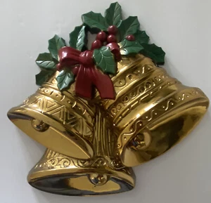 Glocken Burwood Products Weihnachten Wanddeko Gold Vintage 1991 Stechpalme 10" hoch - Bild 1 von 6