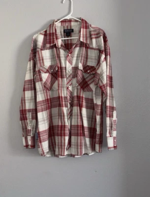 Renegade Mens Red White Plaid Pearl Snap Button Shirt Size XL - Image 1 of 4