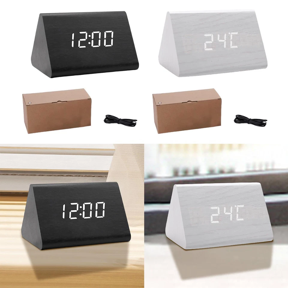 Digital Alarm Clock Electronic Alarm Clock Wooden LED Time Display Sound Control - Image 1 of 1