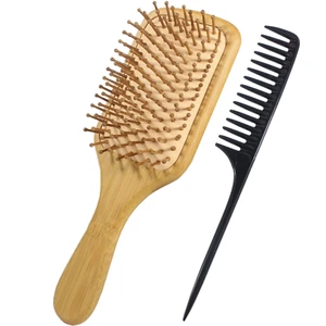 2 Pack Organic Bamboo Wooden Hair Brush Massage Comb Scalp Air Cushion Comb - Picture 1 of 7