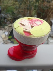 VTG 4” RED WHITE PAPER MACHE SANTA BOOT CHRISTMAS CANDY CONTAINER w PAPER TOP - Picture 1 of 5