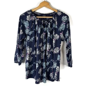 Lucky Brand Womens Blouse Top Size XL Navy Blue Floral Tie Neck 3/4 Sleeve - Picture 1 of 9