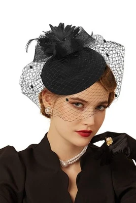 Black Feather Mesh Fascinator Veil Hat Hair Clip/Band Wedding Tea Cocktail Party - Image 1 of 4
